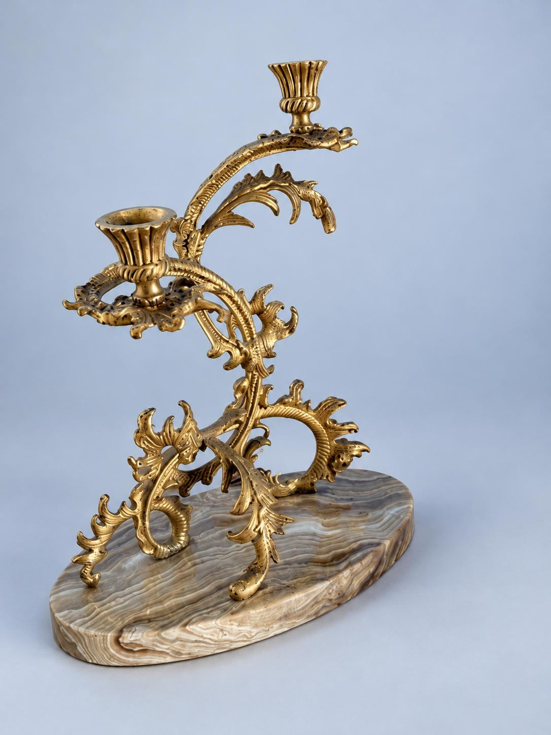 Vintage Pair of Gilt Metal Rococo Two-Light Candelabra on Marble Bases, Mirrored Acanthus Scroll Design