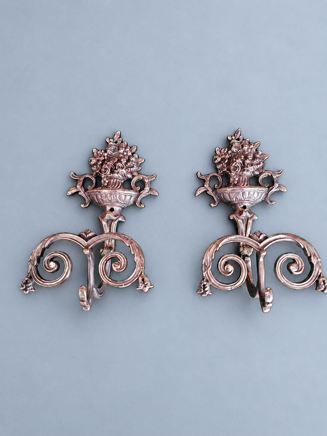 Vintage Silver-Tone Metal Double Coat Hook with Flower Basket Finial, Scrolled Hooks, Ornate Wall Hook