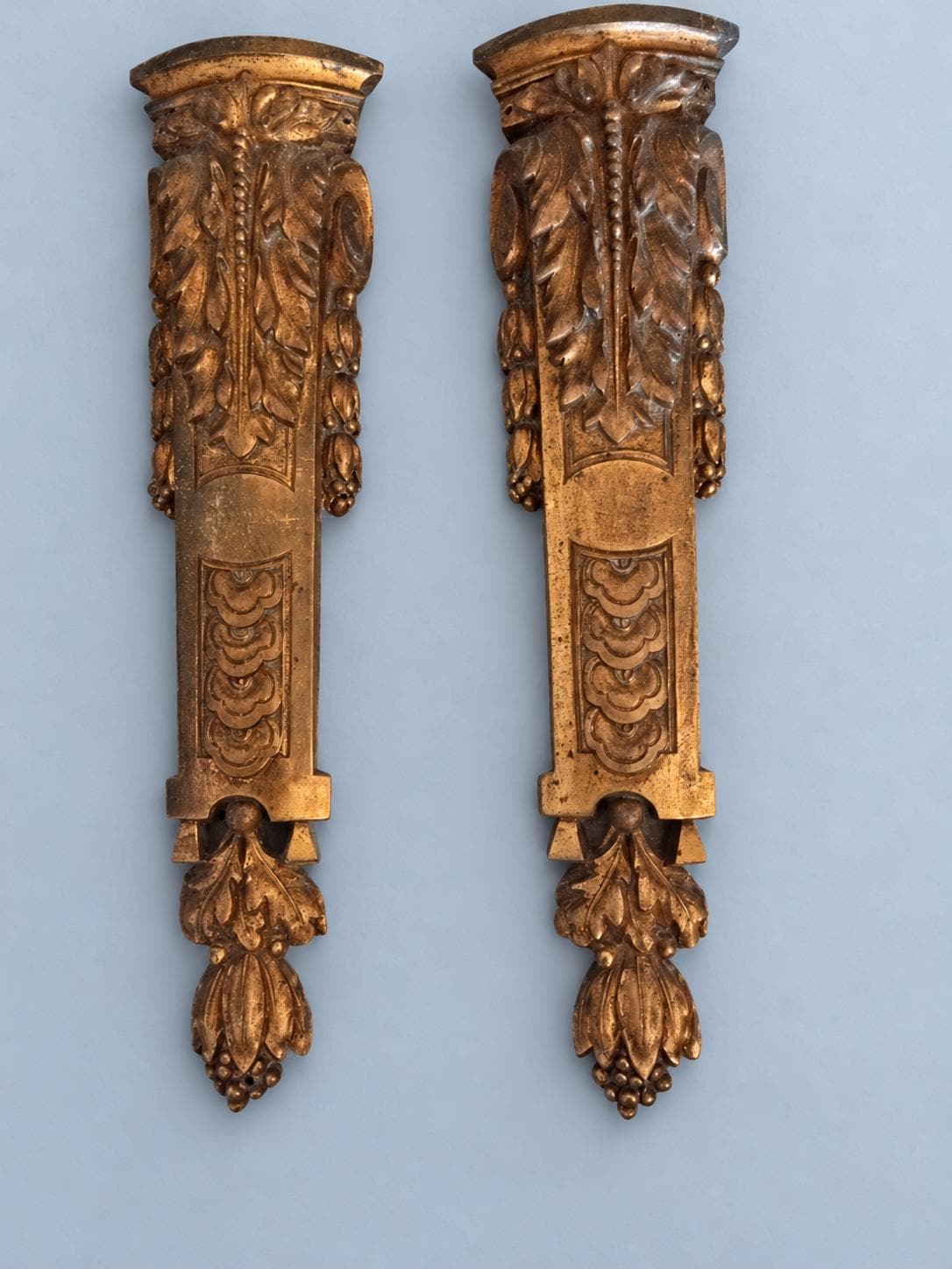 Pair of Gilt Metal Pilaster Furniture Mounts with Acanthus Leaves, Vintage