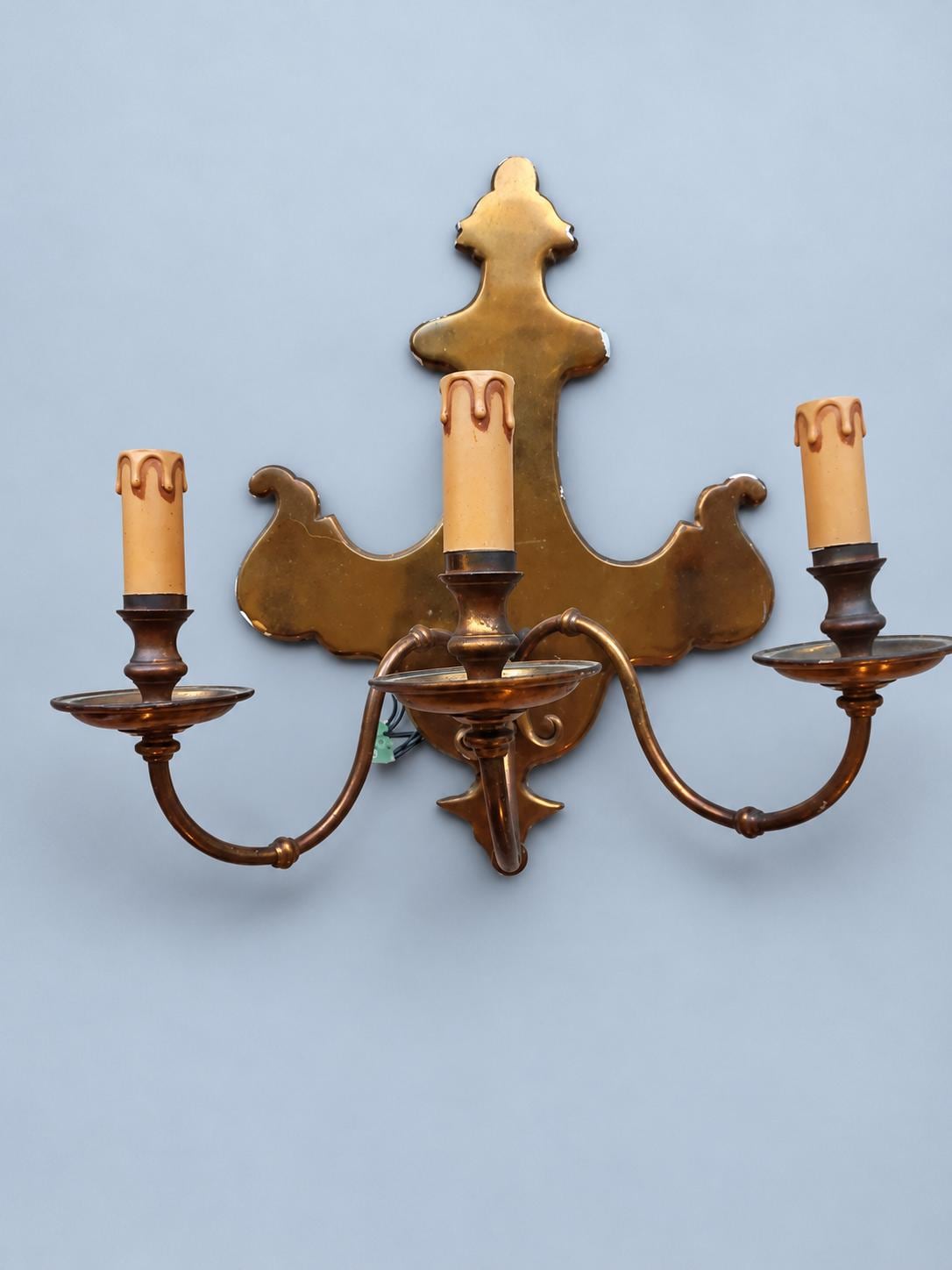 Pair of Vintage Dutch Baroque Style Three-Arm Wall Sconces, Large Shaped Brass-Tone Backplates, Candle Lights for Dining Room or Hall