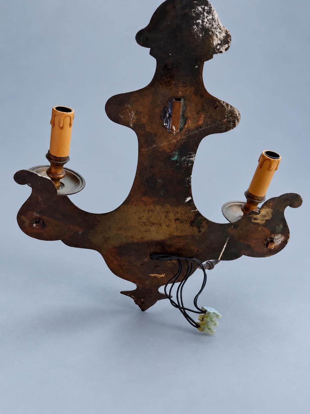 Pair of Vintage Dutch Baroque Style Three-Arm Wall Sconces, Large Shaped Brass-Tone Backplates, Candle Lights for Dining Room or Hall