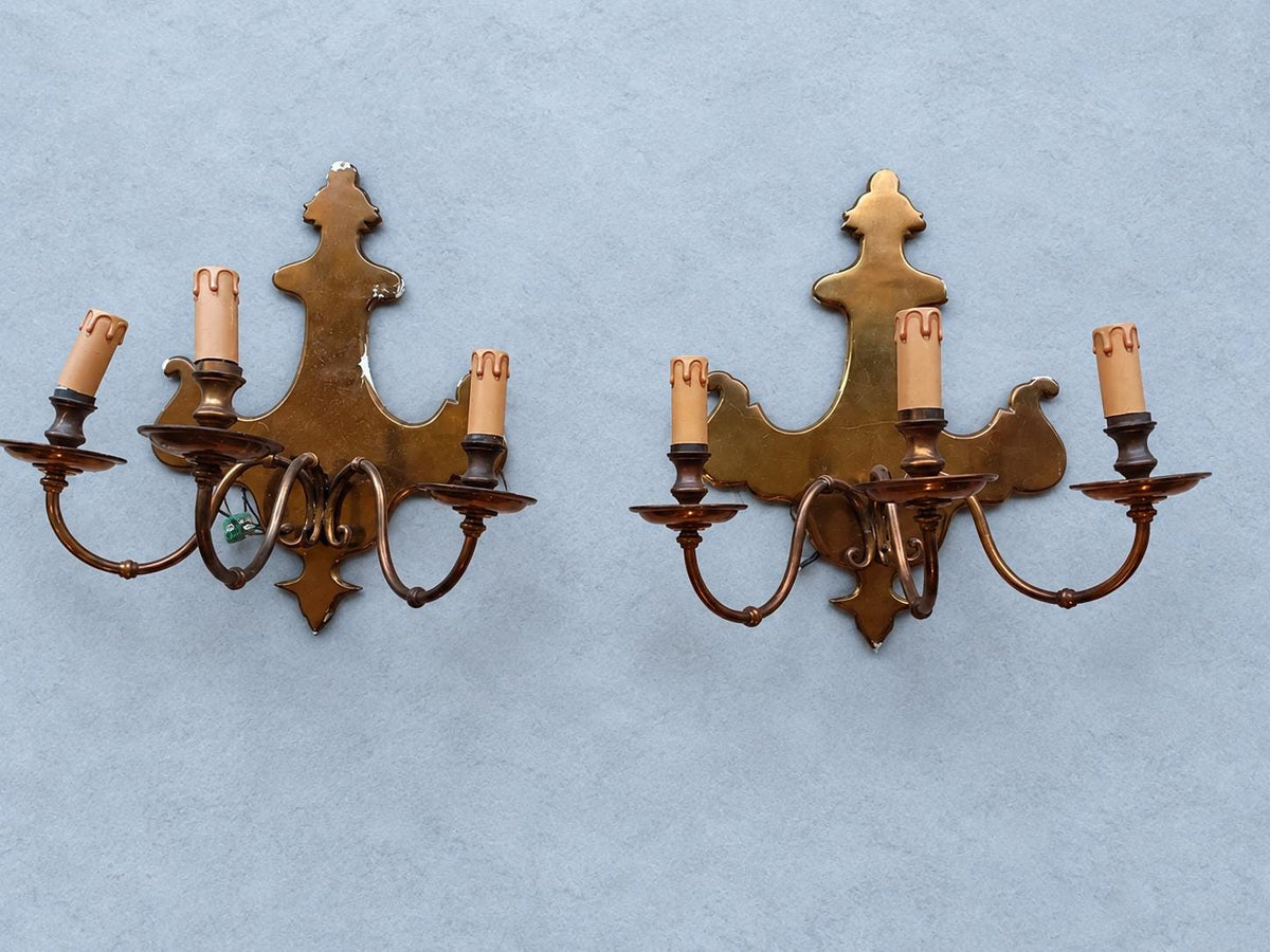 Pair of Vintage Dutch Baroque Style Three-Arm Wall Sconces, Large Shaped Brass-Tone Backplates, Candle Lights for Dining Room or Hall