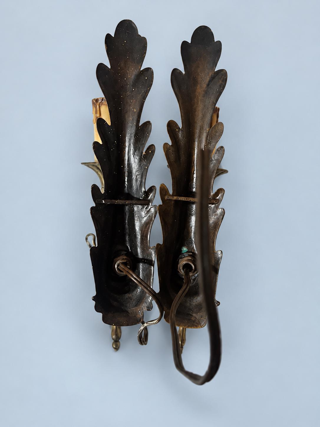 Pair of Vintage Empire Style Brass Wall Sconces with Feather Plume Backplates, Single Candle Lights for Living Room, Bedroom or Hallway