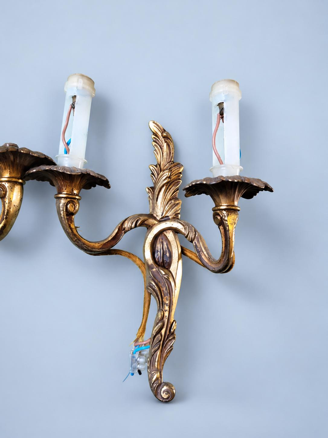 Pair of Vintage Louis XV Style Gilt Two-Arm Wall Sconces, Rococo Acanthus Leaf and Scroll Candle Lights for Entryway or Bedroom
