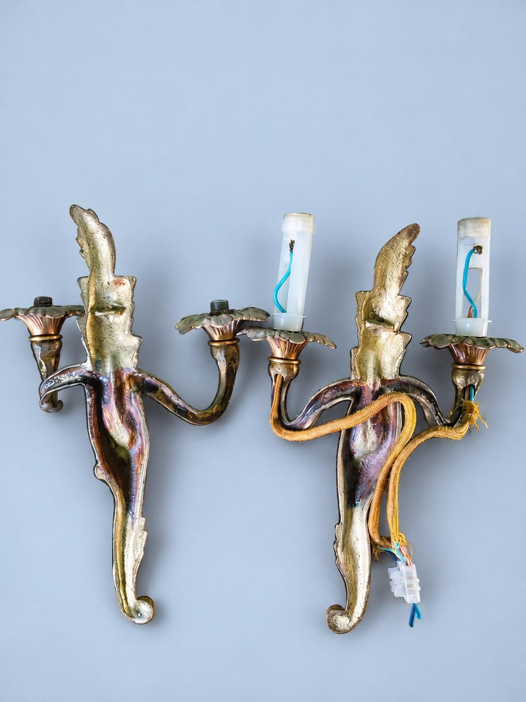 Pair of Vintage Louis XV Style Gilt Two-Arm Wall Sconces, Rococo Acanthus Leaf and Scroll Candle Lights for Entryway or Bedroom