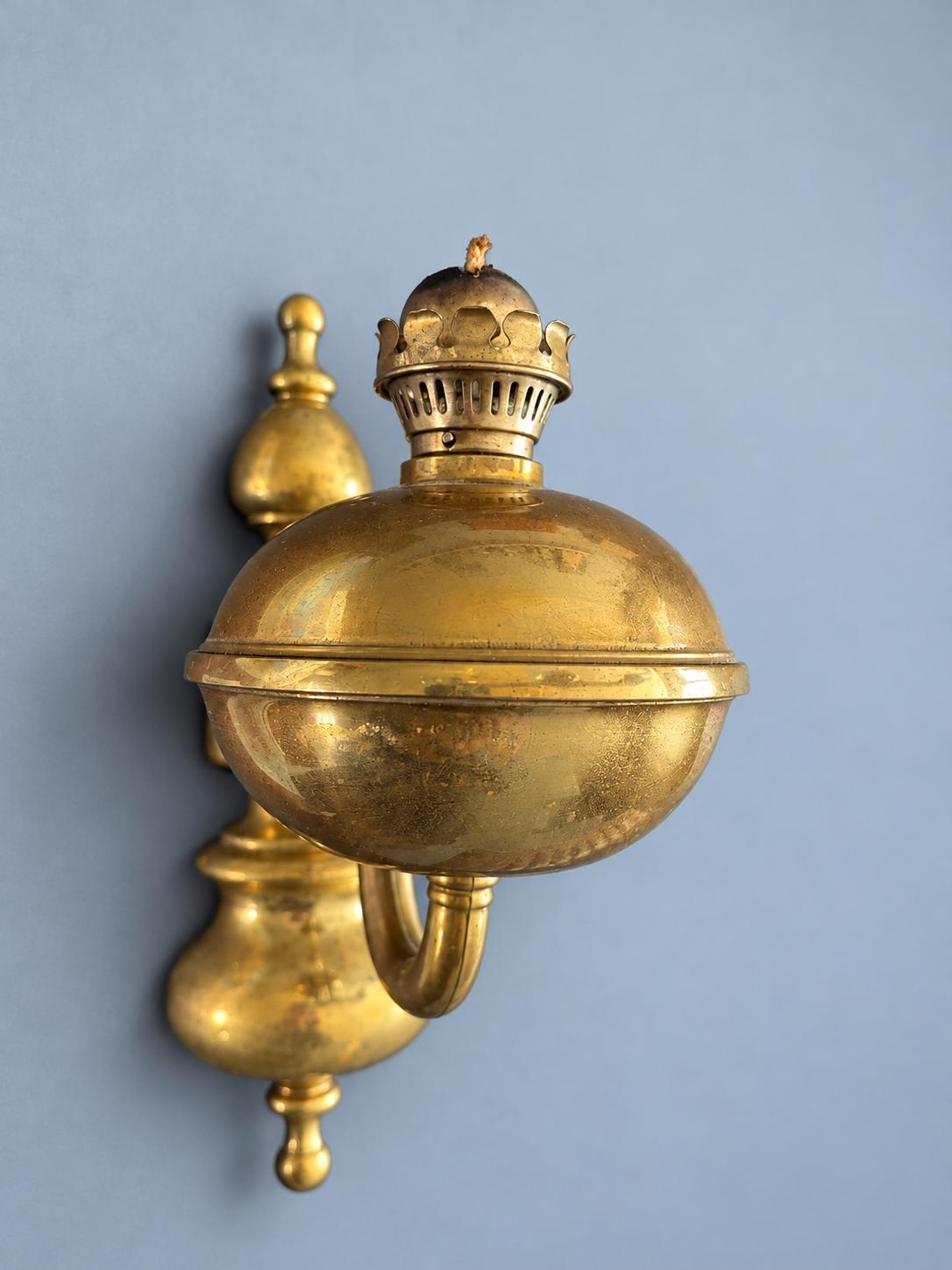 Vintage Brass Wall Oil Lamp with Milk Glass Chimney, Scrolled Bracket and Turned Backplate, Working Wick Mechanism