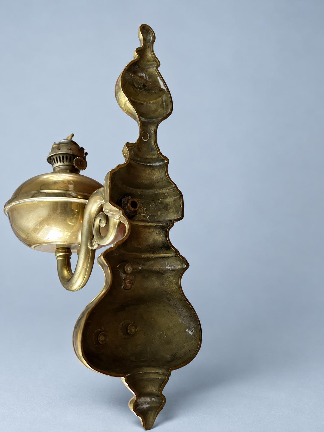 Vintage Brass Wall Oil Lamp with Milk Glass Chimney, Scrolled Bracket and Turned Backplate, Working Wick Mechanism