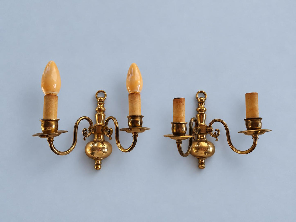 Vintage Pair of Brass Two-Arm Wall Sconces, Baroque Style with Scrolled Arms and Ball Base, Classic Candle Wall Lights