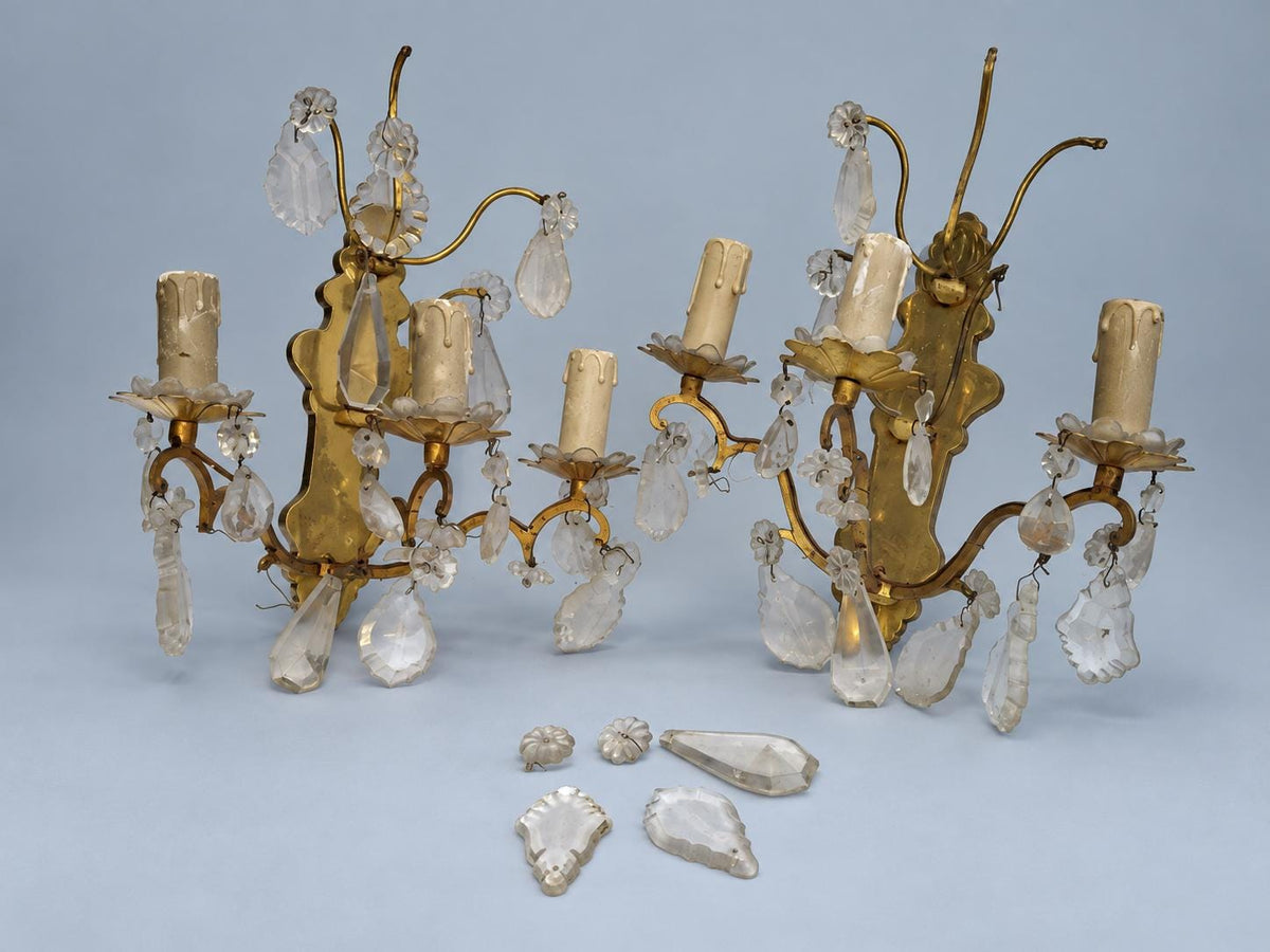 Pair of Gilt Brass Three-Arm Wall Sconces with Glass Drops, Vintage