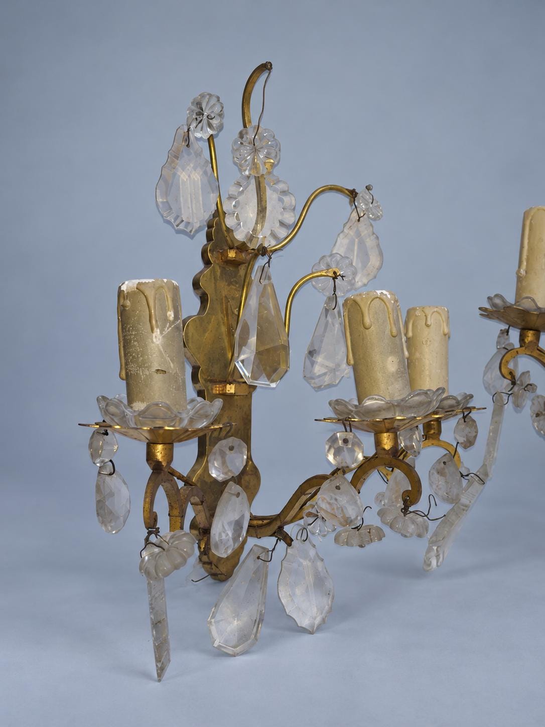 Pair of Gilt Brass Three-Arm Wall Sconces with Glass Drops, Vintage