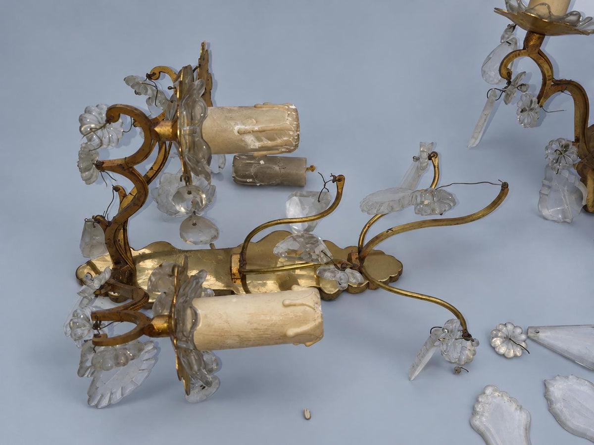 Pair of Gilt Brass Three-Arm Wall Sconces with Glass Drops, Vintage