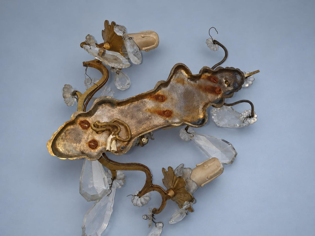 Pair of Gilt Brass Three-Arm Wall Sconces with Glass Drops, Vintage