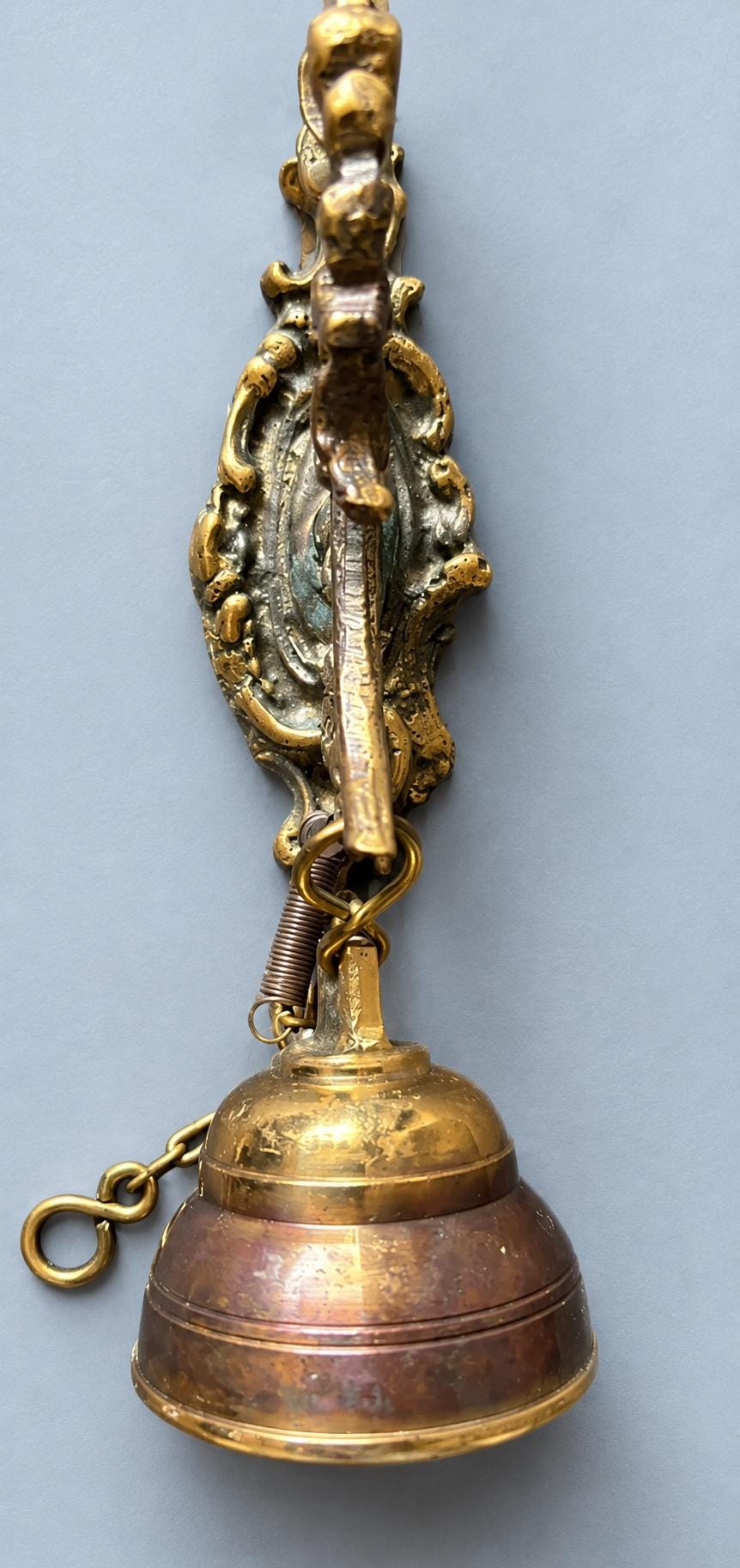Brass Wall Mounted Door Bell with Rococo Bracket and Pull Chain, Vintage