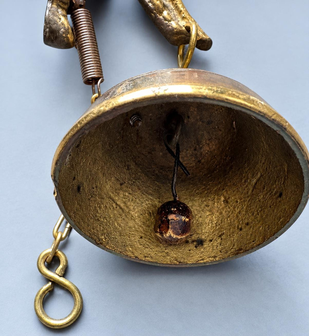 Brass Wall Mounted Door Bell with Rococo Bracket and Pull Chain, Vintage