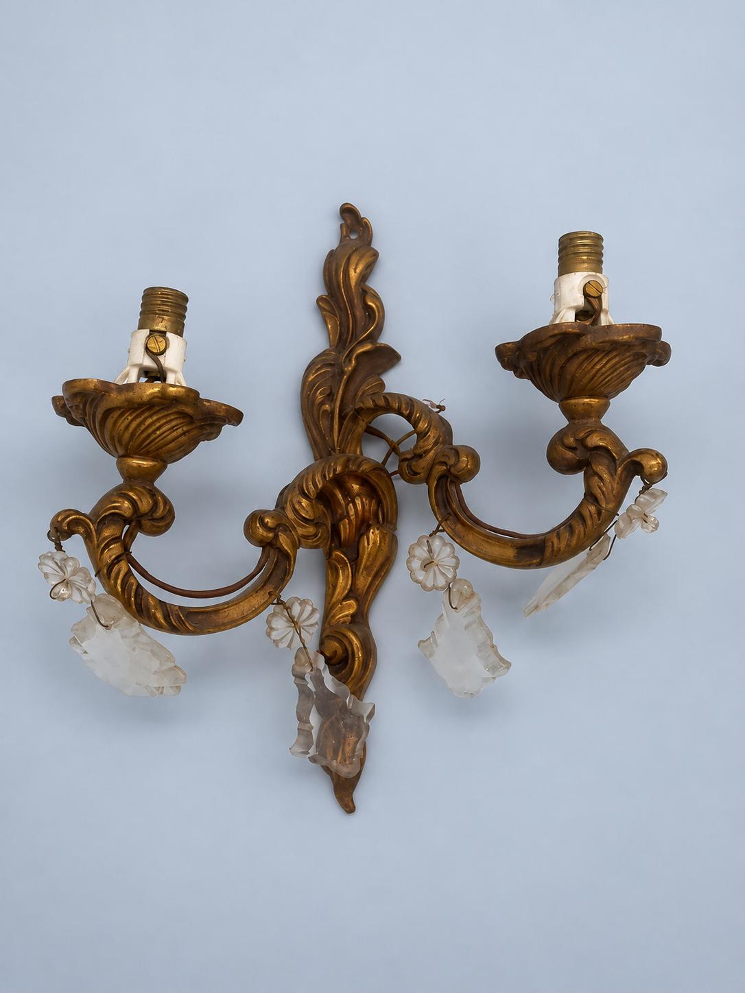 Pair of Louis XV Style Gilt Two-Arm Wall Sconces with Cut Glass Drops, Vintage