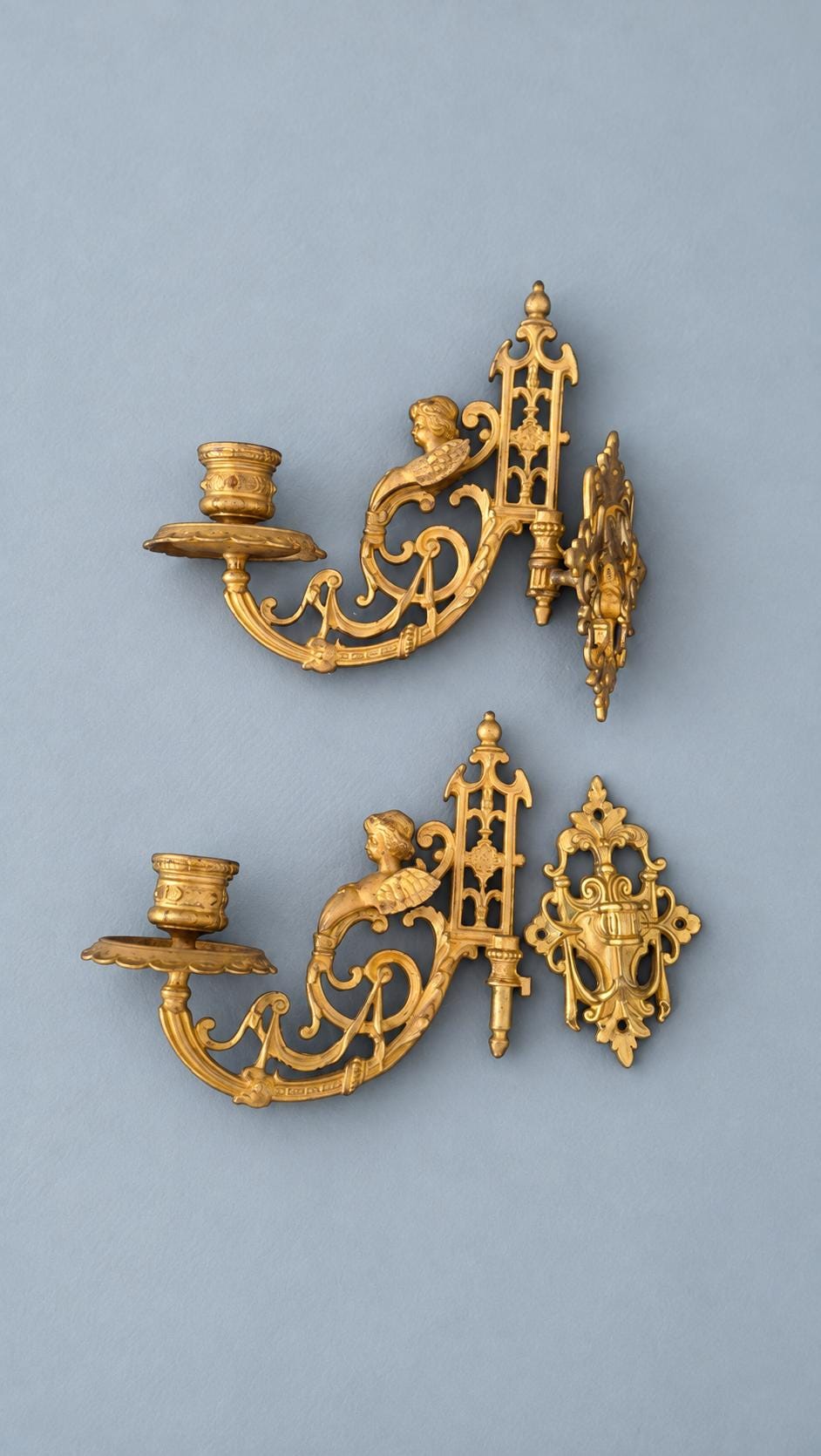 Pair of Gilt Metal Swing-Arm Candle Wall Sconces with Winged Cherub Busts, Vintage