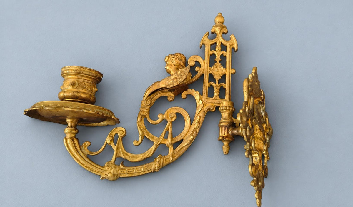 Pair of Gilt Metal Swing-Arm Candle Wall Sconces with Winged Cherub Busts, Vintage
