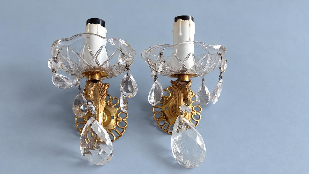 Vintage Pair of Louis XV Style Single-Light Wall Sconces, Gilt Brass with Cut Glass Drip Pans and Faceted Glass Drops, 18 cm