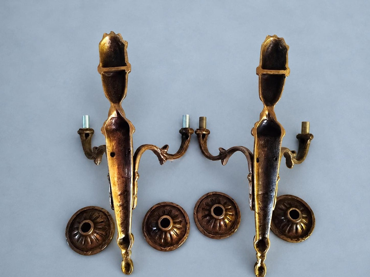 Pair of Brass Louis XVI Style Torch Wall Sconces, Two-Arm Neoclassical Lights, Vintage