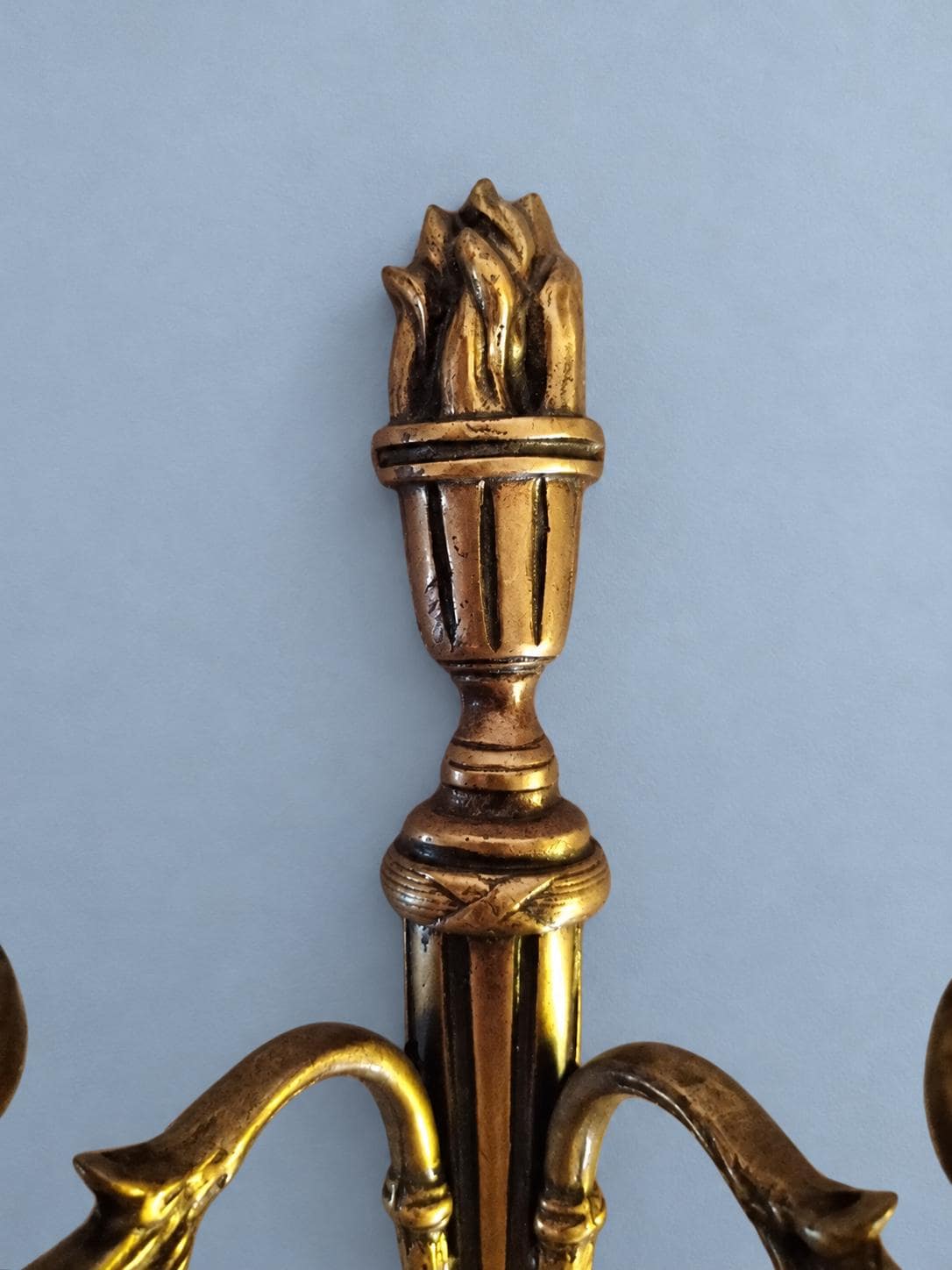 Pair of Brass Louis XVI Style Torch Wall Sconces, Two-Arm Neoclassical Lights, Vintage