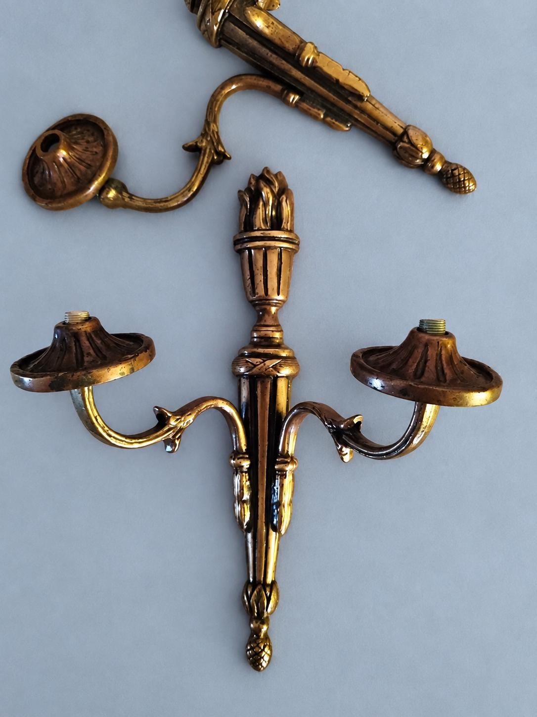 Pair of Brass Louis XVI Style Torch Wall Sconces, Two-Arm Neoclassical Lights, Vintage