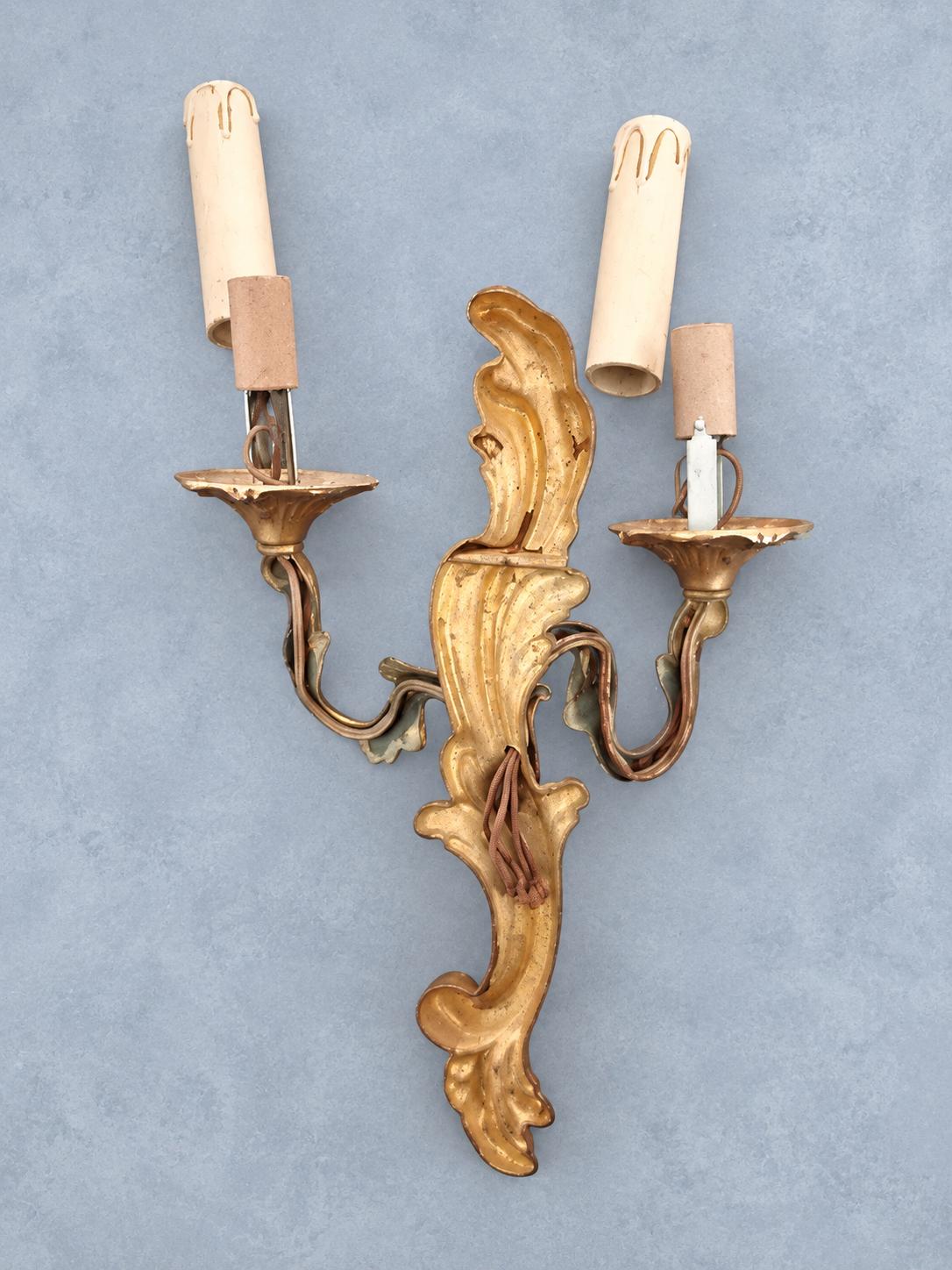 Pair of Gilt Louis XV Style Two-Arm Wall Sconces, Mirrored Acanthus Rocaille Design, Vintage