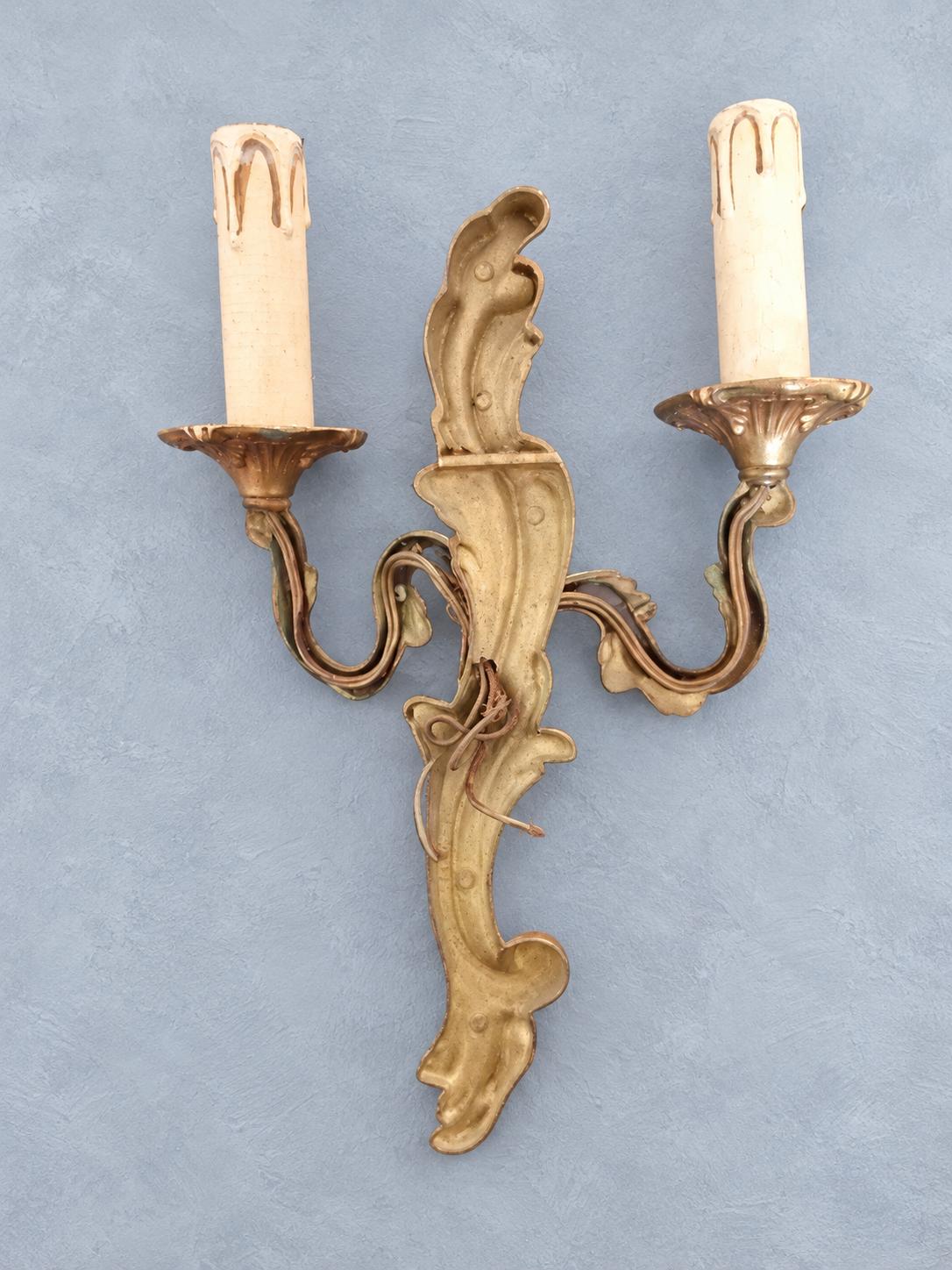 Pair of Gilt Louis XV Style Two-Arm Wall Sconces, Mirrored Acanthus Rocaille Design, Vintage