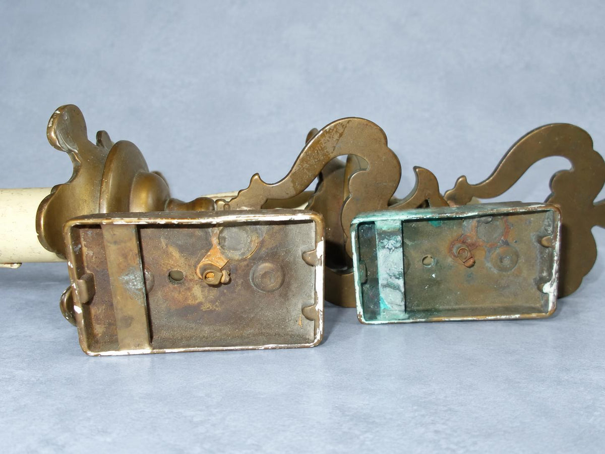 Vintage Pair of Patinated Metal Single-Light Wall Sconces, Pierced Spade-Shaped Body with Scalloped Drip Pans, Rustic Old World Wall Lights