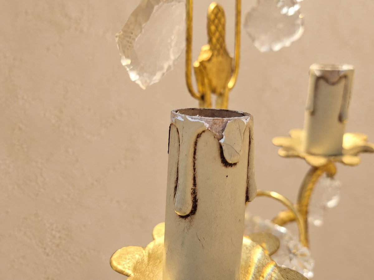 Vintage Pair of Two-Light Wall Sconces, Gilt Brass with Faceted Glass Drops and Glass Rosettes, Petal Drip Pans and Pine Cone Finial, 27 cm