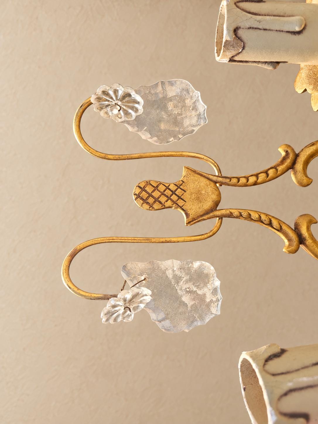 Vintage Pair of Two-Light Wall Sconces, Gilt Brass with Faceted Glass Drops and Glass Rosettes, Petal Drip Pans and Pine Cone Finial, 27 cm