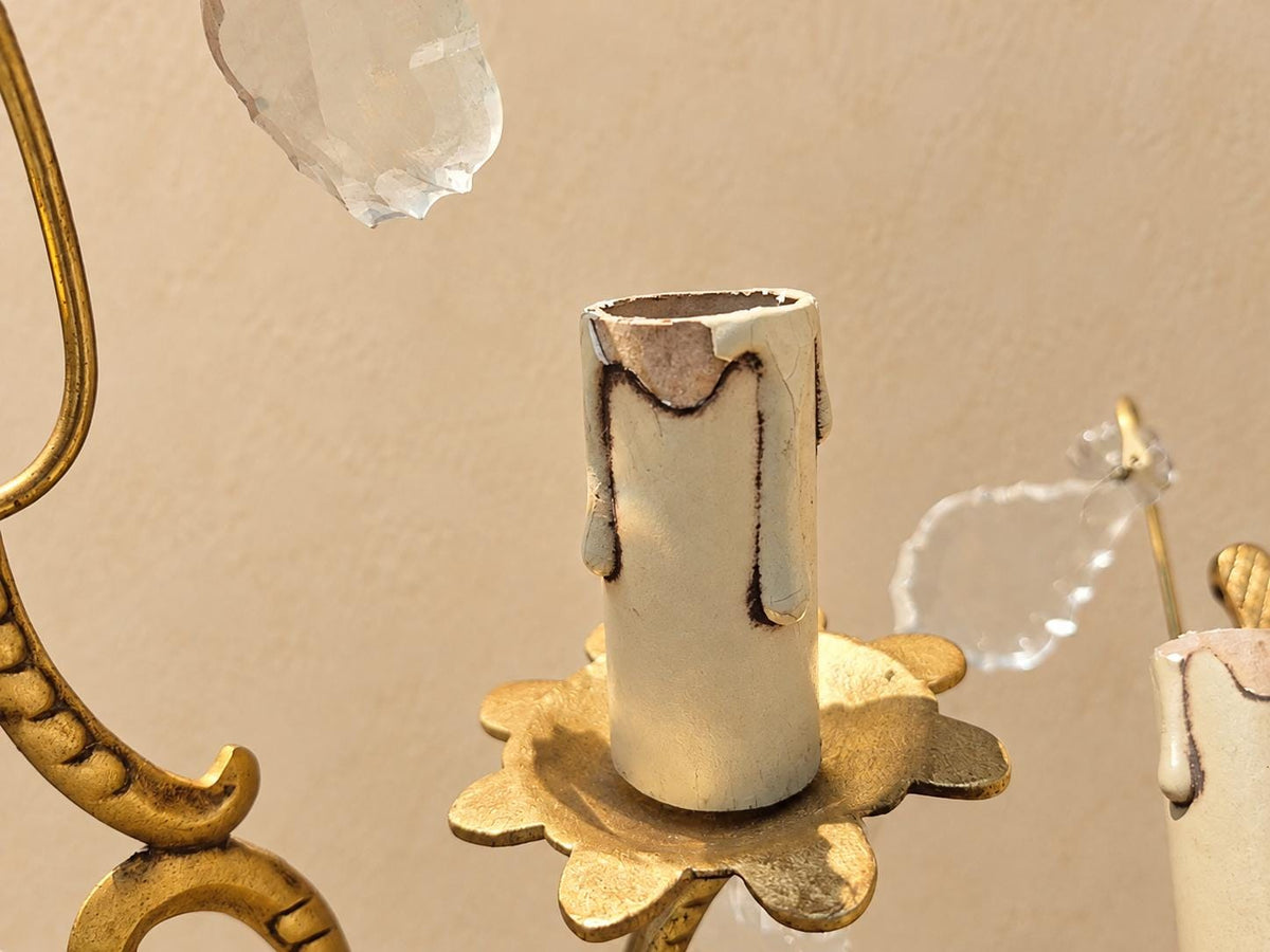 Vintage Pair of Two-Light Wall Sconces, Gilt Brass with Faceted Glass Drops and Glass Rosettes, Petal Drip Pans and Pine Cone Finial, 27 cm