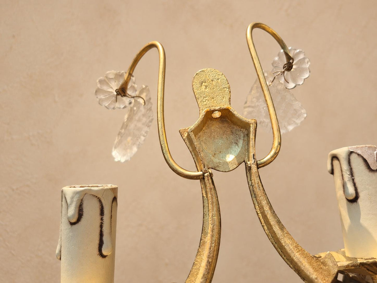 Vintage Pair of Two-Light Wall Sconces, Gilt Brass with Faceted Glass Drops and Glass Rosettes, Petal Drip Pans and Pine Cone Finial, 27 cm