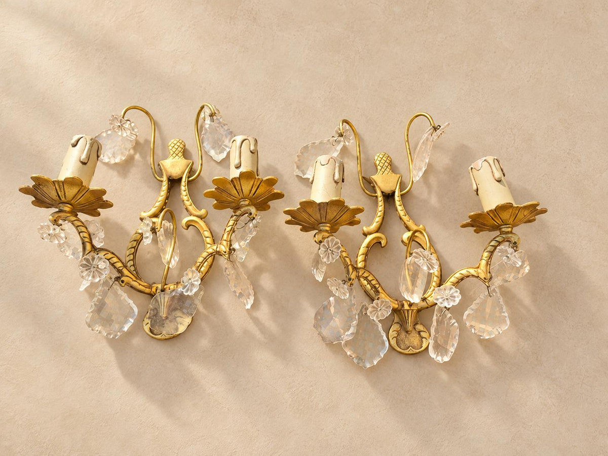 Vintage Pair of Two-Light Wall Sconces, Gilt Brass with Faceted Glass Drops and Glass Rosettes, Petal Drip Pans and Pine Cone Finial, 27 cm