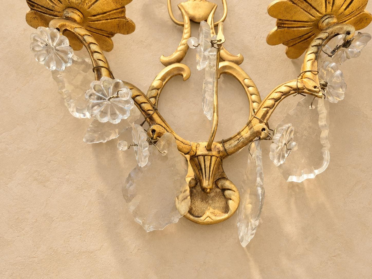 Vintage Pair of Two-Light Wall Sconces, Gilt Brass with Faceted Glass Drops and Glass Rosettes, Petal Drip Pans and Pine Cone Finial, 27 cm