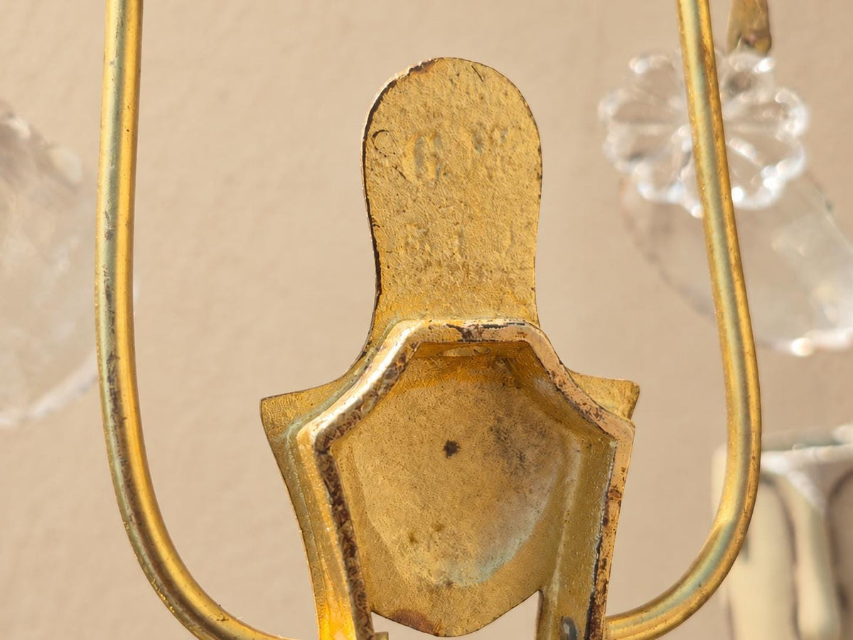 Vintage Pair of Two-Light Wall Sconces, Gilt Brass with Faceted Glass Drops and Glass Rosettes, Petal Drip Pans and Pine Cone Finial, 27 cm