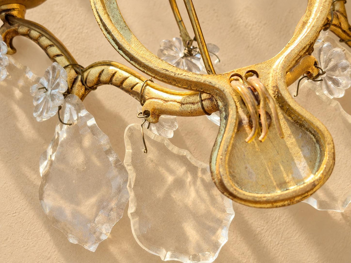 Vintage Pair of Two-Light Wall Sconces, Gilt Brass with Faceted Glass Drops and Glass Rosettes, Petal Drip Pans and Pine Cone Finial, 27 cm