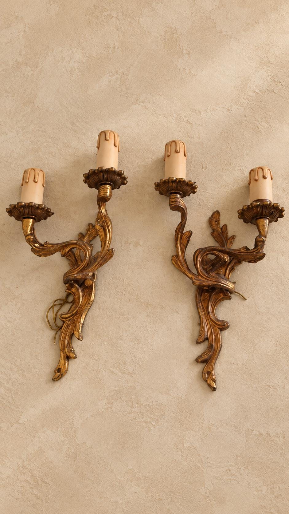 Vintage Mirror-Image Wall Sconce Pair, Gold-Tone Interlaced Leaf Scrolls, Shell Dishes and Cream Candle Covers, 30 cm