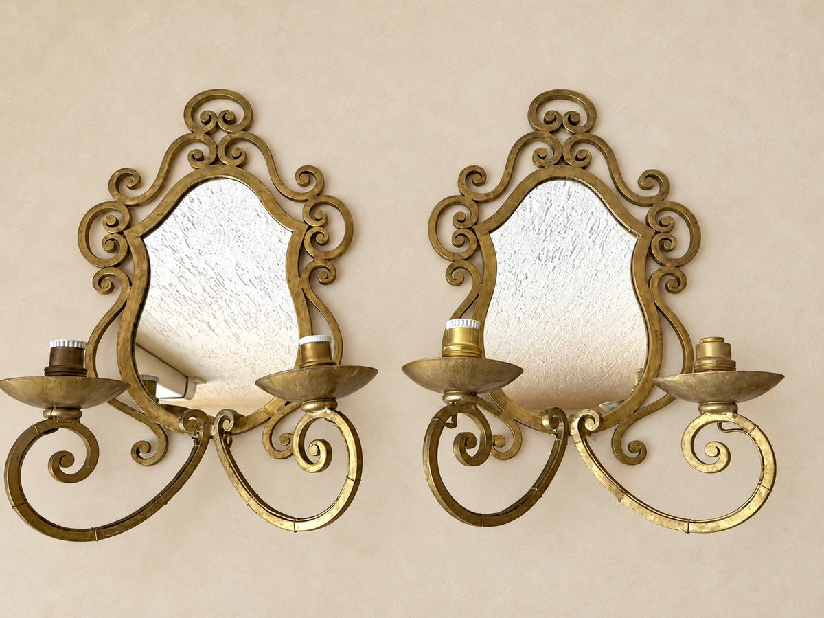Pair of Gilt Metal Two-Arm Mirror Wall Sconces, Scrolled Arabesque Frame, Vintage