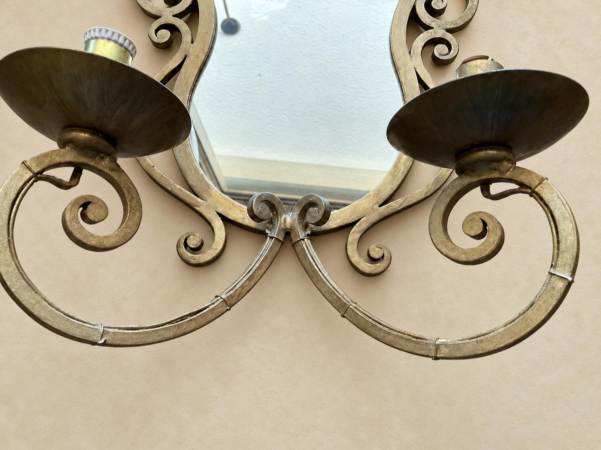 Pair of Gilt Metal Two-Arm Mirror Wall Sconces, Scrolled Arabesque Frame, Vintage