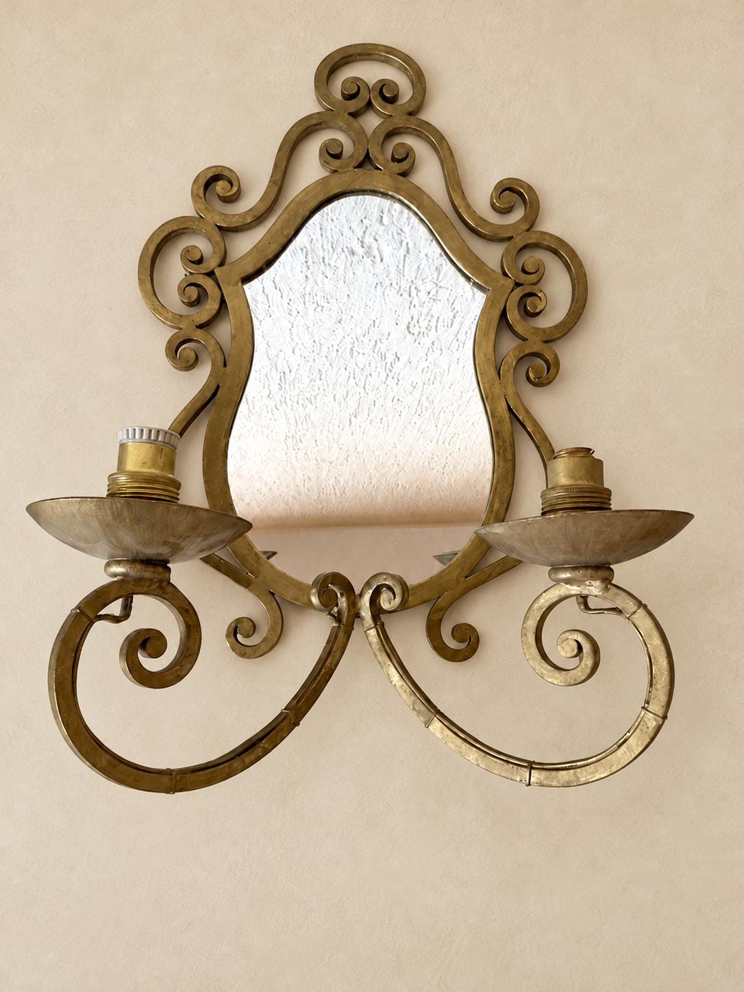 Pair of Gilt Metal Two-Arm Mirror Wall Sconces, Scrolled Arabesque Frame, Vintage
