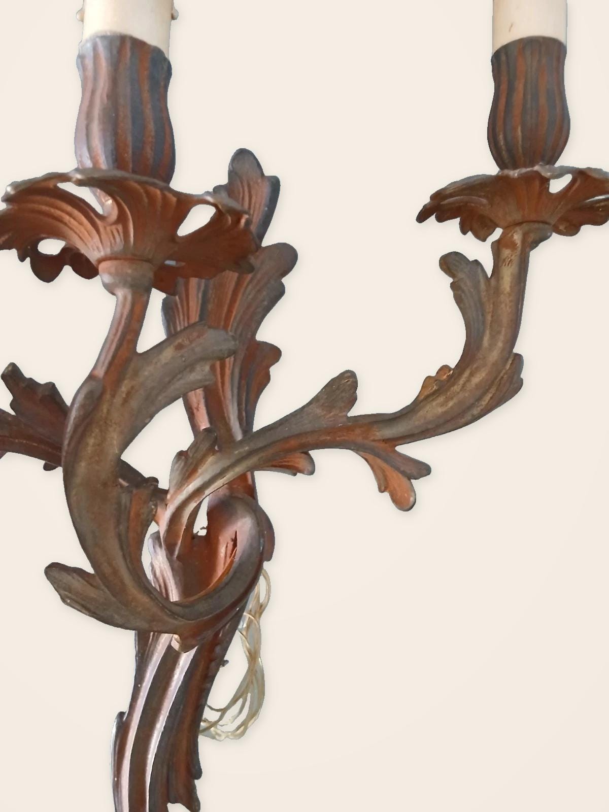 Pair of Vintage Large Louis XV Style Bronze Wall Sconces, Three-Arm Rocaille Acanthus Design, Dark Patina with Copper Tones