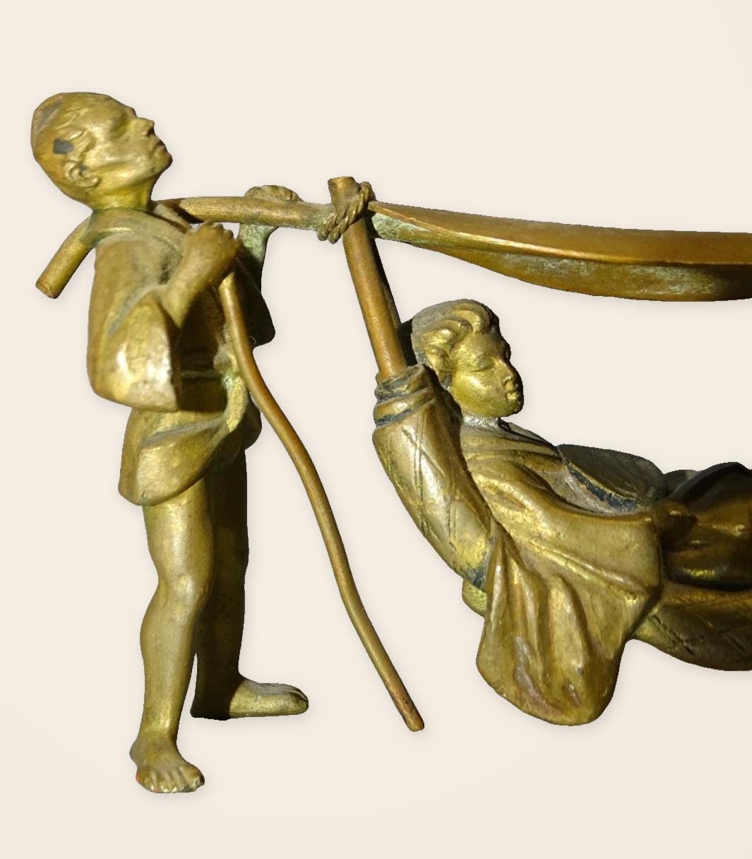 Antique Napoleon III Japonisme Bronze Figure Group, Two Bearers Carrying a Lady with Fan in a Hammock Litter, 19th Century