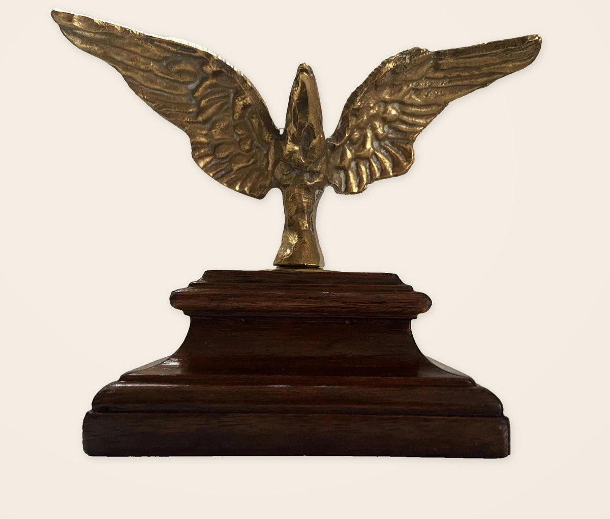 Vintage 1940s Gilt Bronze Eagle Trophy Paperweight with Spread Wings on Stepped Wood Plinth, Desk Sculpture or Office Decor