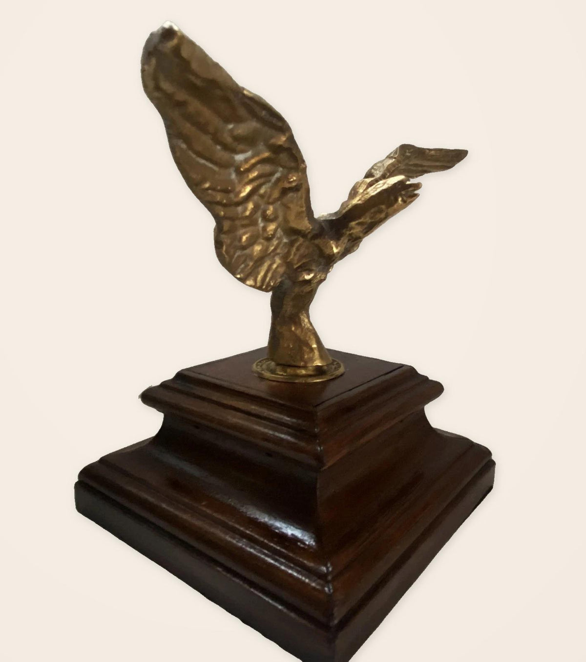 Vintage 1940s Gilt Bronze Eagle Trophy Paperweight with Spread Wings on Stepped Wood Plinth, Desk Sculpture or Office Decor