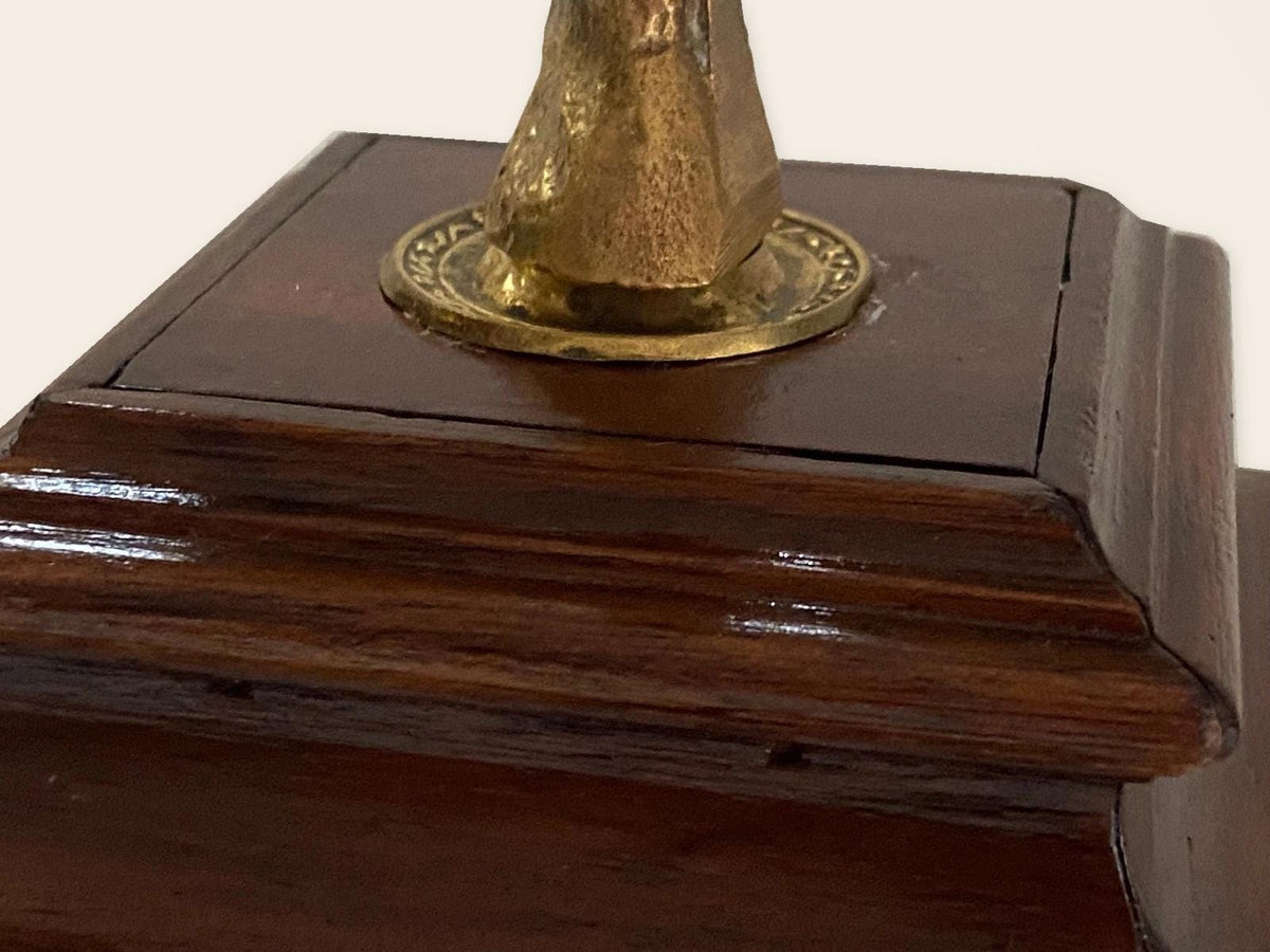 Vintage 1940s Gilt Bronze Eagle Trophy Paperweight with Spread Wings on Stepped Wood Plinth, Desk Sculpture or Office Decor
