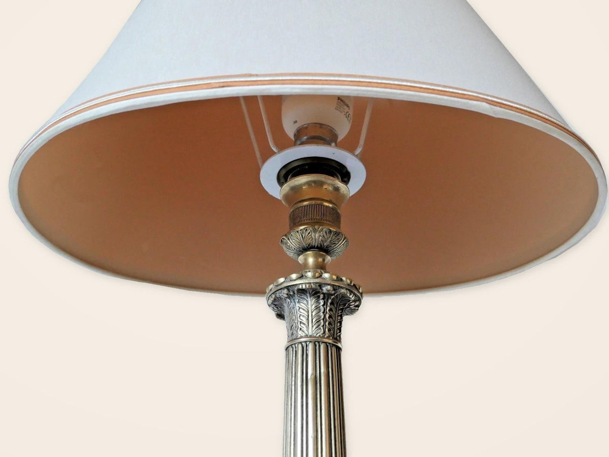 Vintage Empire Style Bronze Column Table Lamp, Fluted Candlestick Base with Palmette Band, Oval Ivory Shade with Apricot Trim