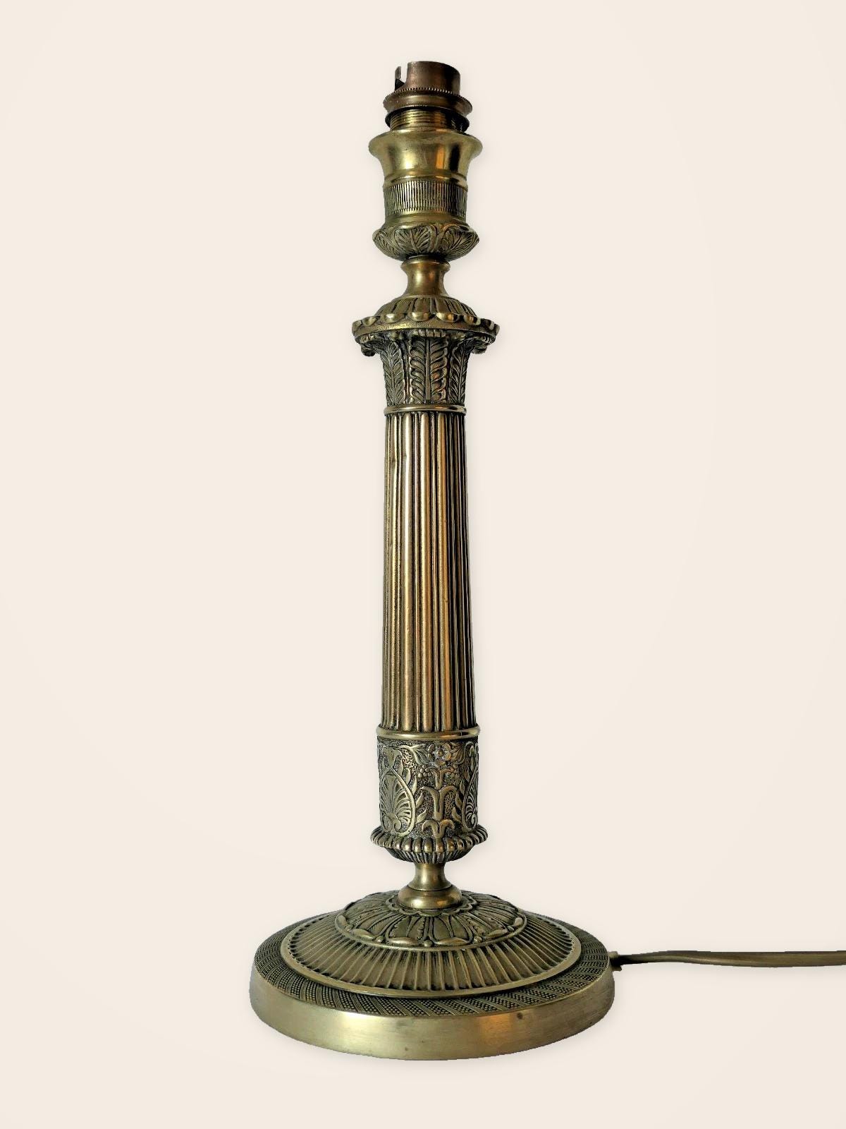 Vintage Empire Style Bronze Column Table Lamp, Fluted Candlestick Base with Palmette Band, Oval Ivory Shade with Apricot Trim