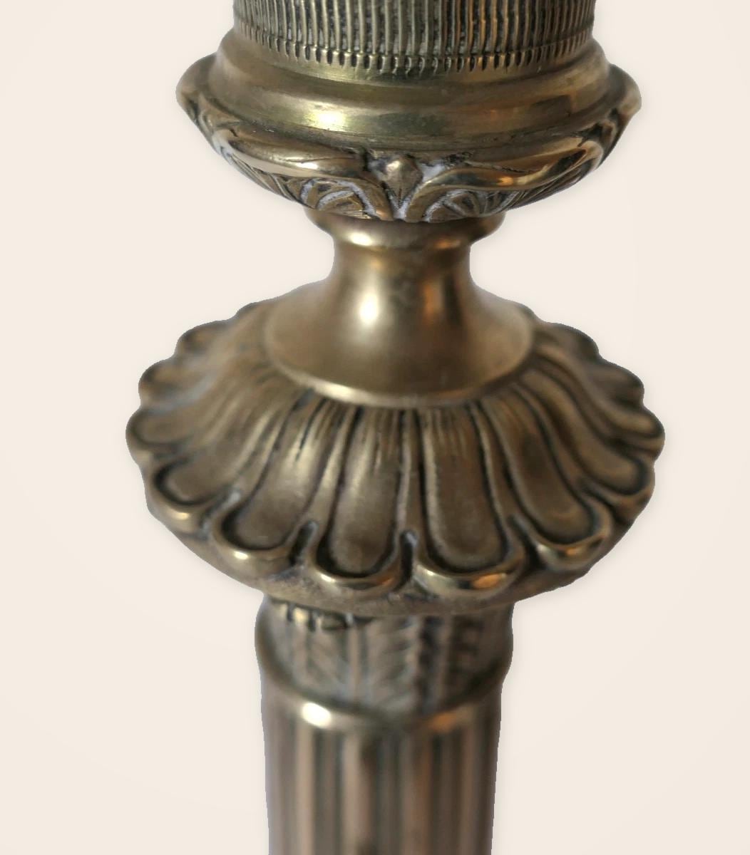 Vintage Empire Style Bronze Column Table Lamp, Fluted Candlestick Base with Palmette Band, Oval Ivory Shade with Apricot Trim