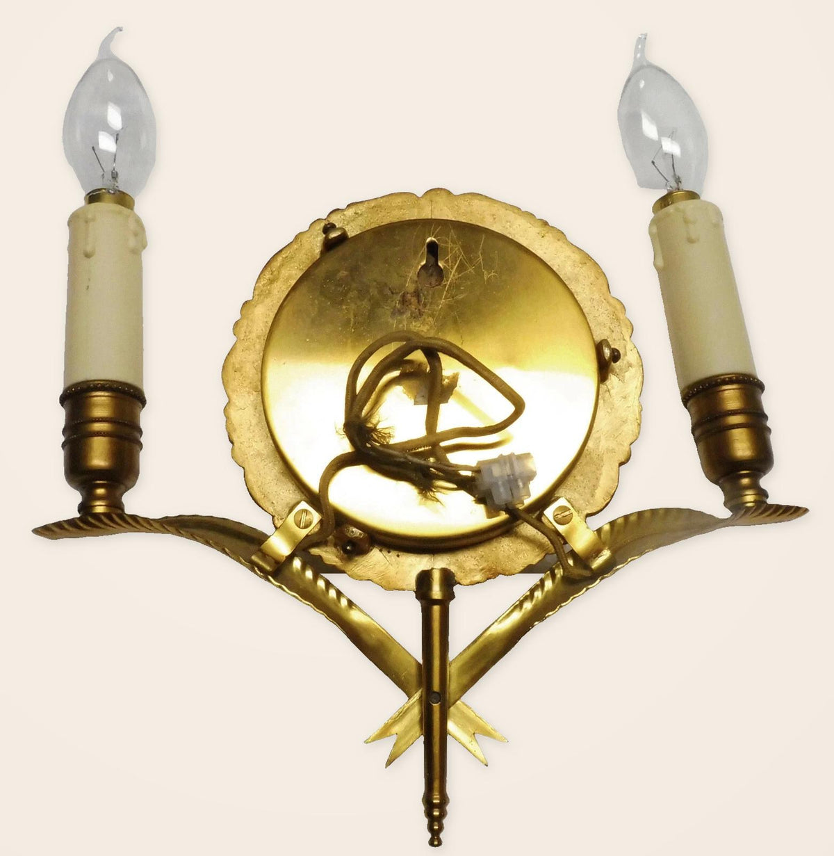 Vintage Gilt Bronze Double Wall Sconce with Convex Witch’s Mirror, Swan and Flower Frame, Crossed Leaf Arms, Mid Century