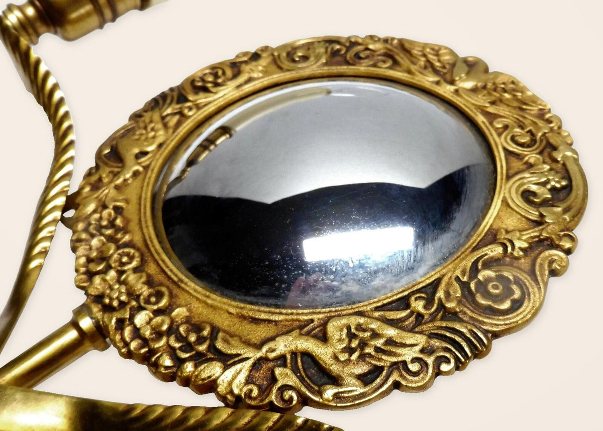 Vintage Gilt Bronze Double Wall Sconce with Convex Witch’s Mirror, Swan and Flower Frame, Crossed Leaf Arms, Mid Century